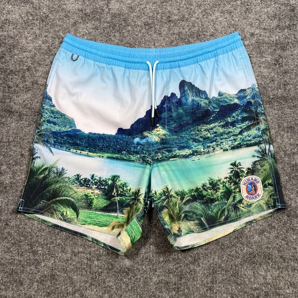 Roark Hinano Shorey 16 Sun God‎ Swim Trunks Mens Medium Blue Tropical RB466